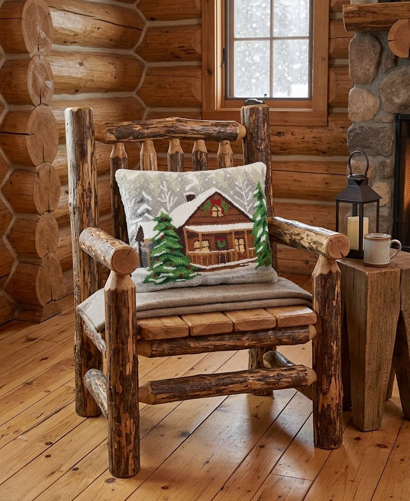 Holiday Woods Log Cabin Hooked Pillow 20" x 16"