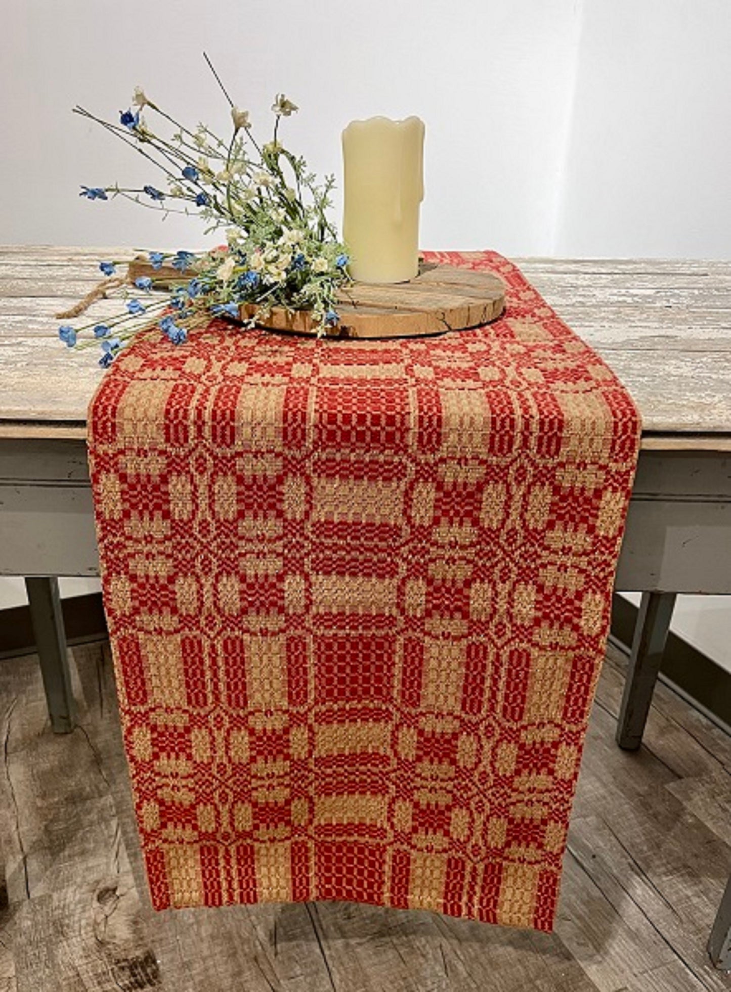 Primitive Cambridge Coverlet Long Table Runner Red/Tan 14"x56"