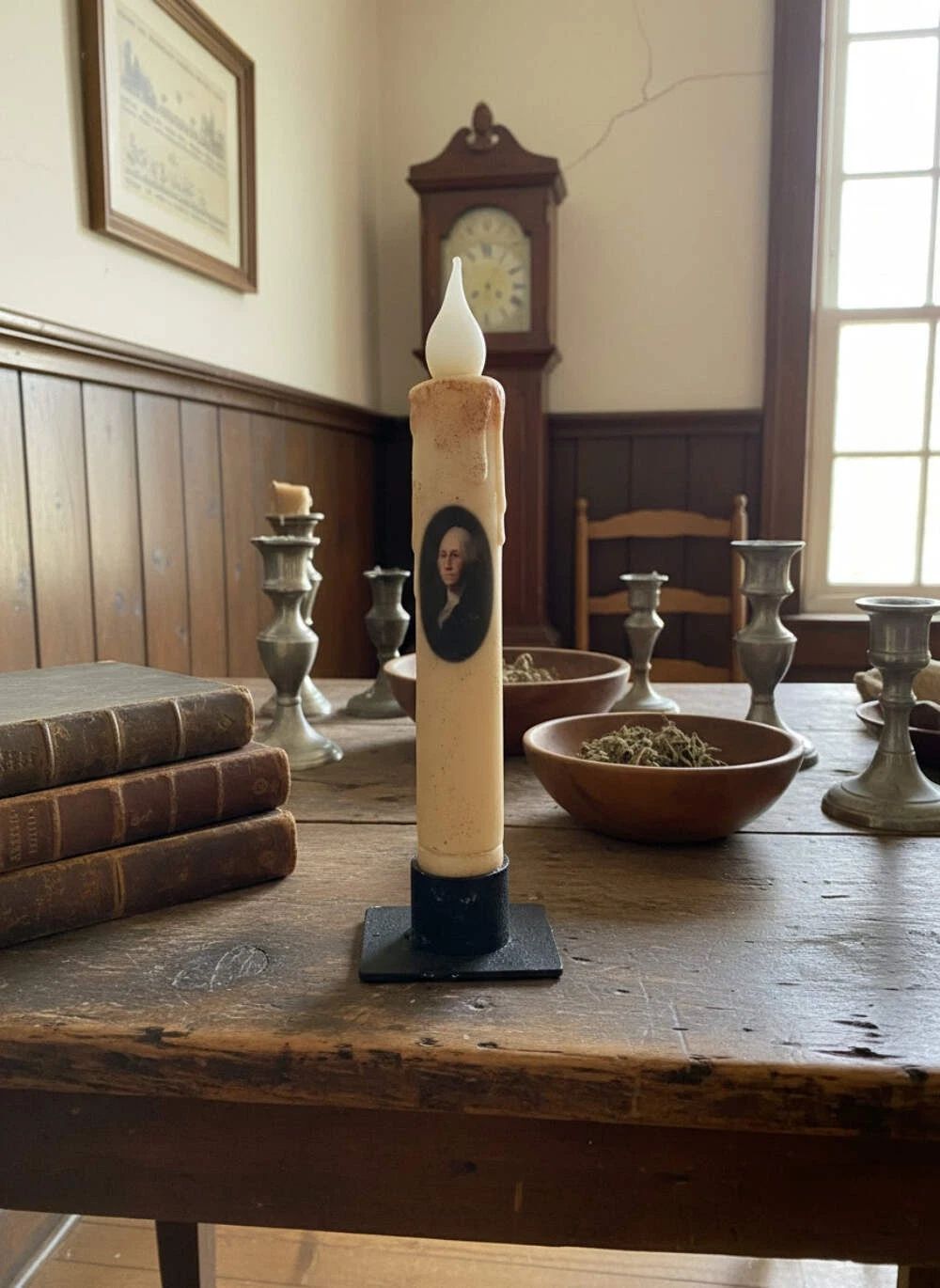 Primitive Handcrafted Colonial President Washington Timer Taper Candle 7"