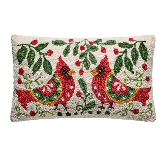 Folk Art Primitive Holiday Cardinal Wool Hooked Pillow 12"x 20"