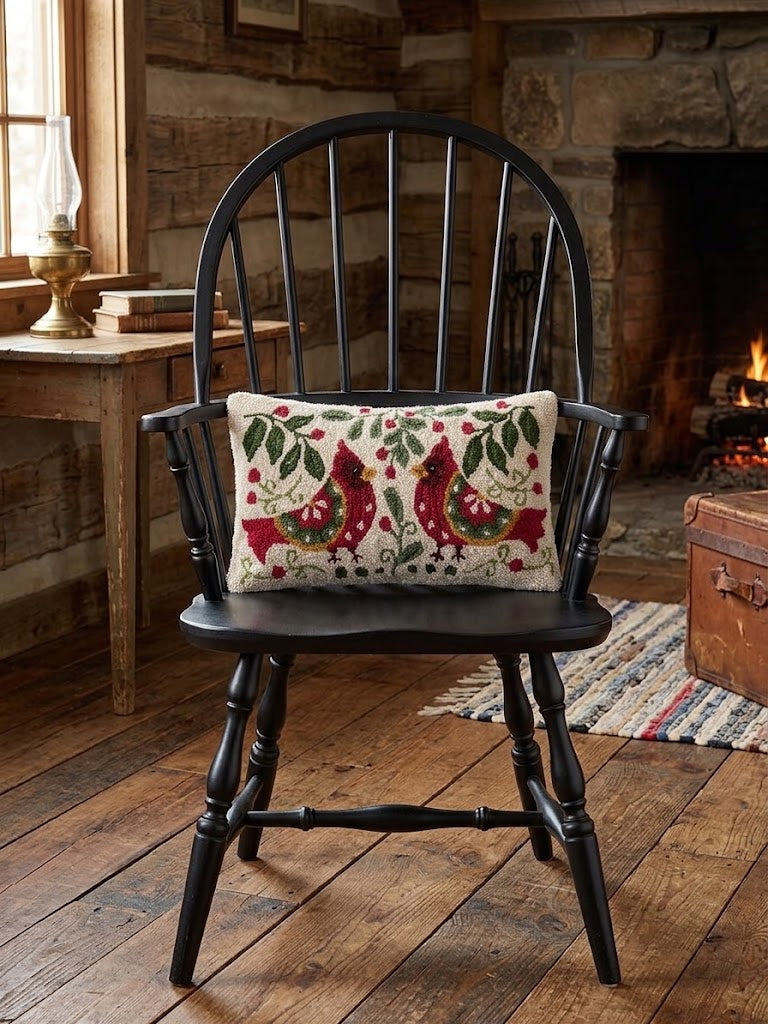 Folk Art Primitive Holiday Cardinal Wool Hooked Pillow 12"x 20"