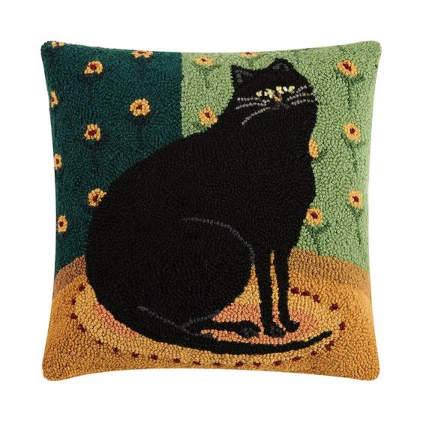 Folk Art Primitive Black Cat Hooked Pillow 16"x16"