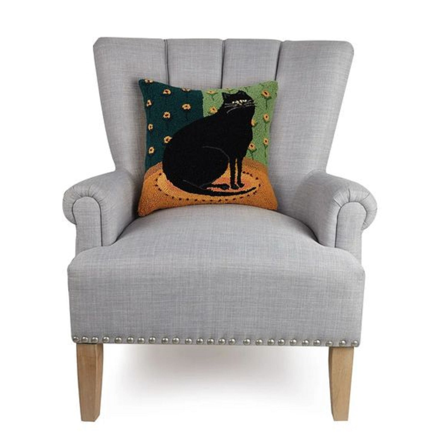 Folk Art Primitive Black Cat Hooked Pillow 16"x16"