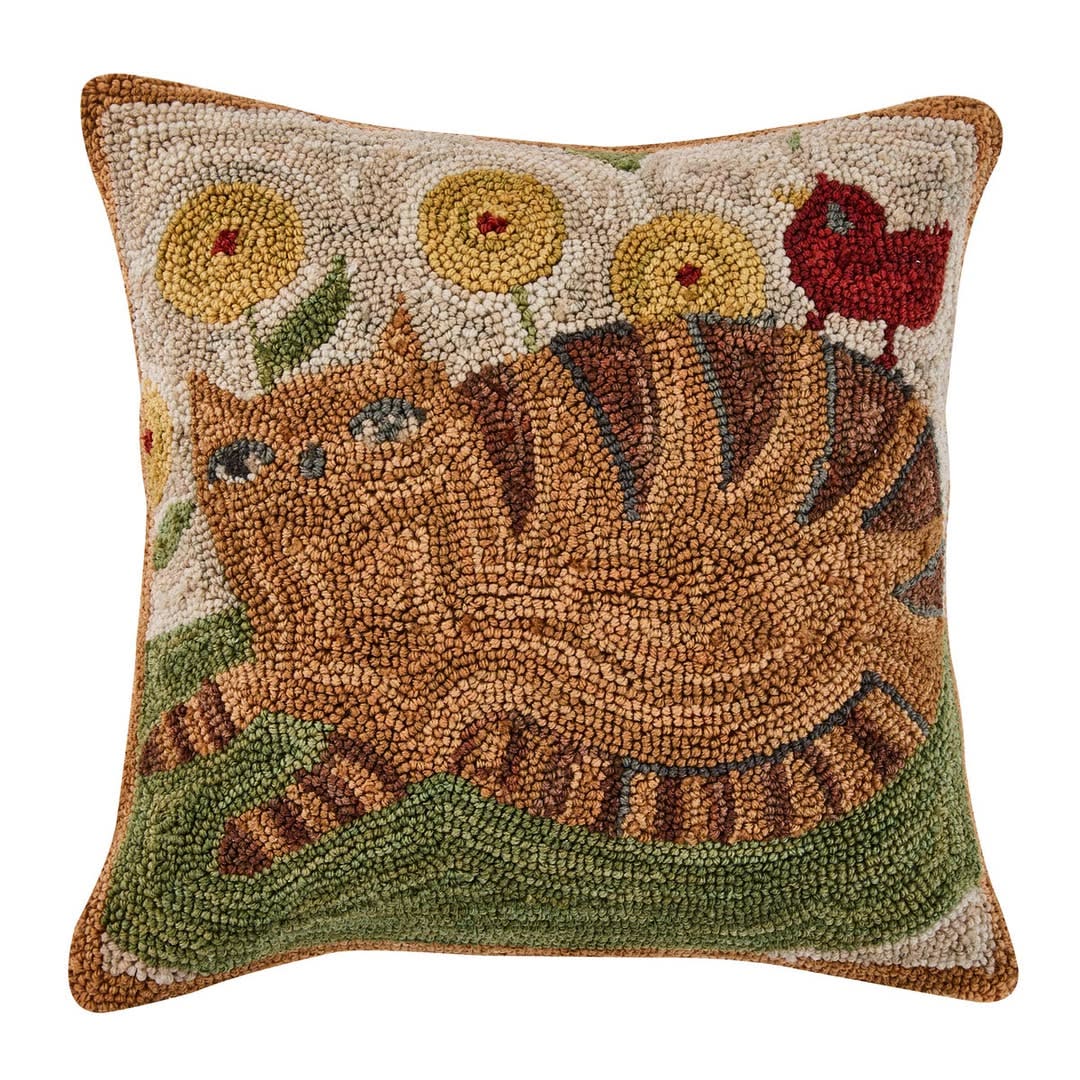 Primitive Folk Art Orange Tabby Cat Hooked Pillow Cover 18"x18"