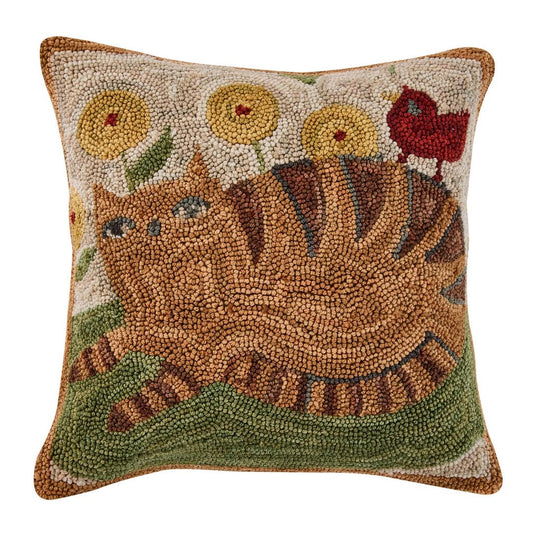 Primitive Folk Art Orange Tabby Cat Hooked Pillow Cover 18"x18"