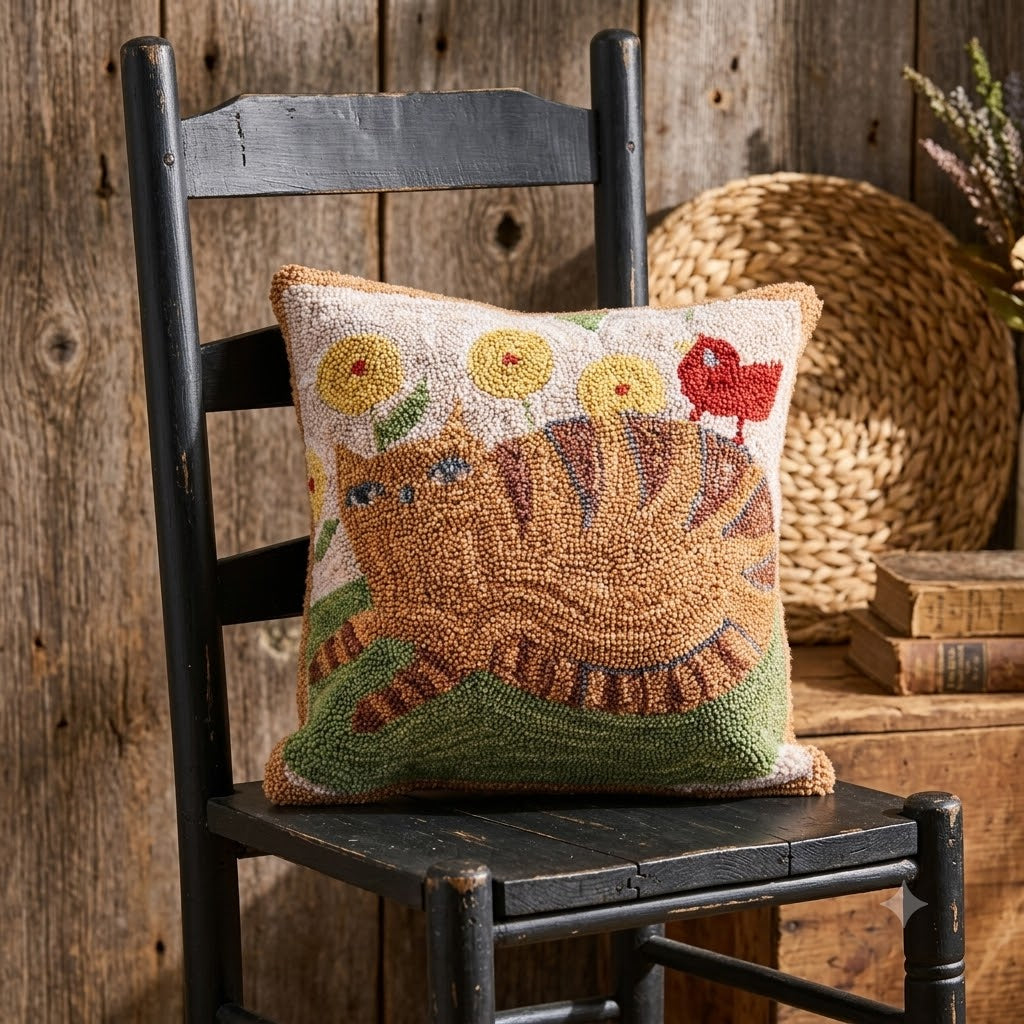 Primitive Folk Art Orange Tabby Cat Hooked Pillow Cover 18"x18"