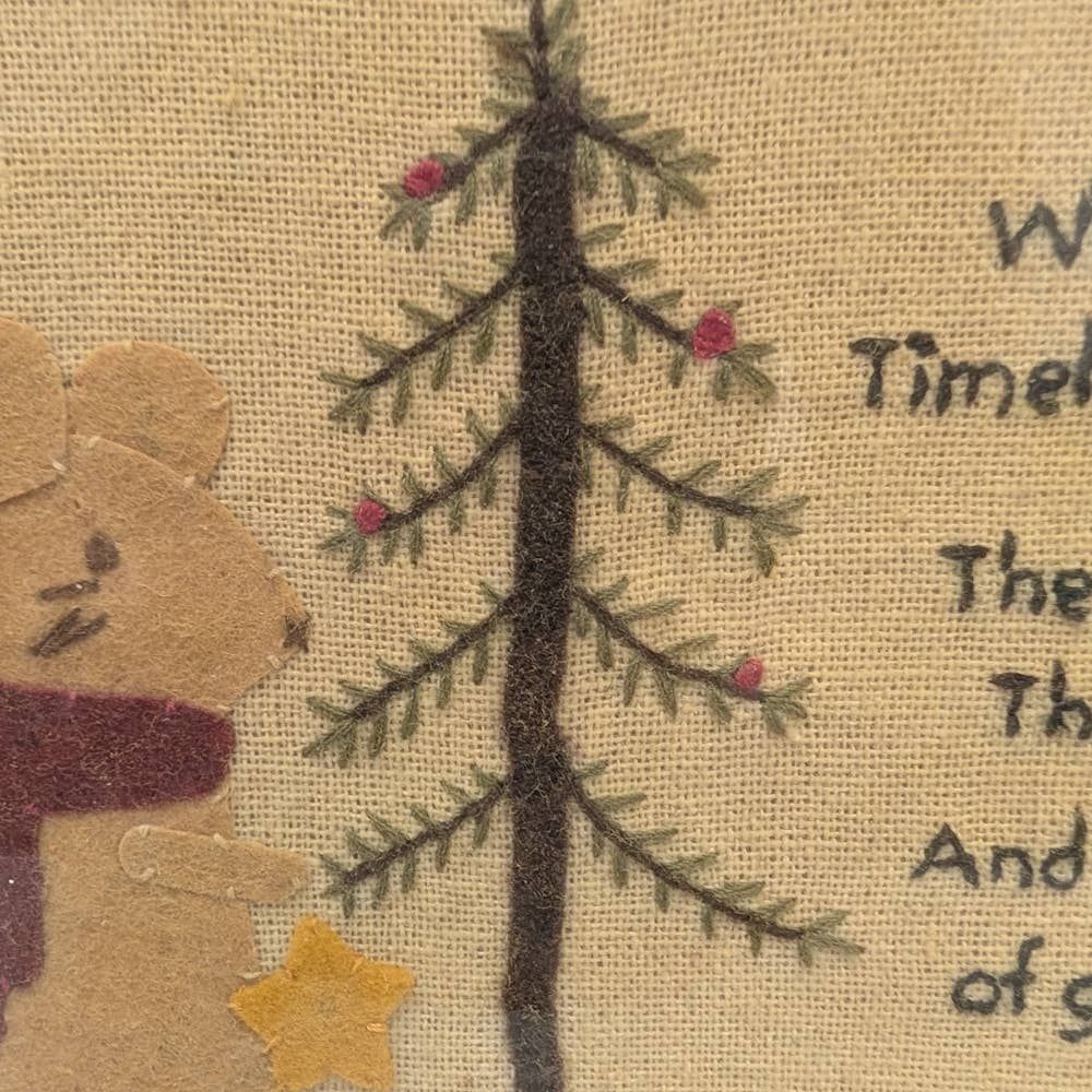 Primitive "Treasures of Christmas" with Mice and Tree Framed Stitchery 12"x 8"