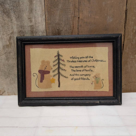 Primitive "Treasures of Christmas" with Mice and Tree Framed Stitchery 12"x 8"
