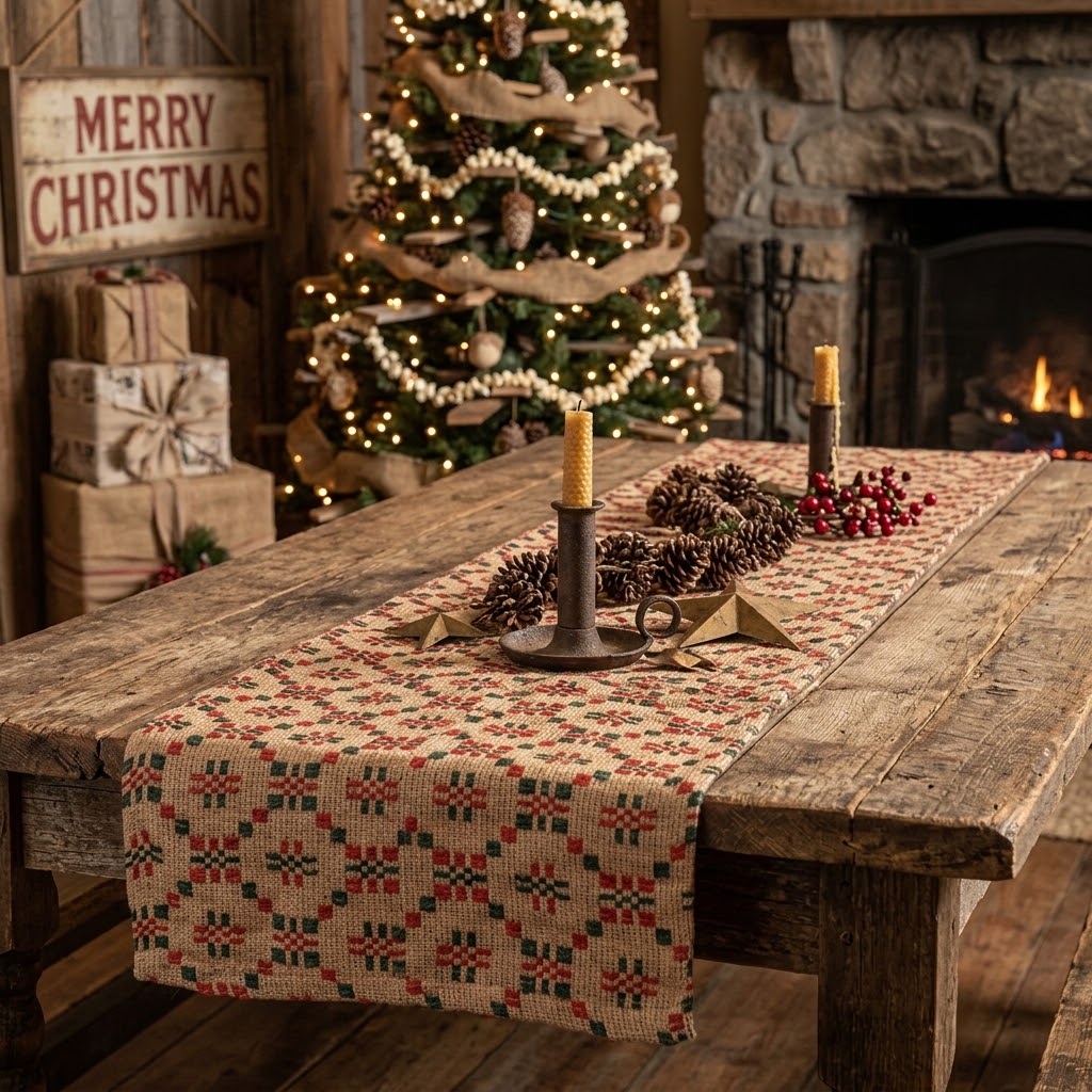 Primitive Colonial Country Snowfall Long Table Runner 14" x 56"