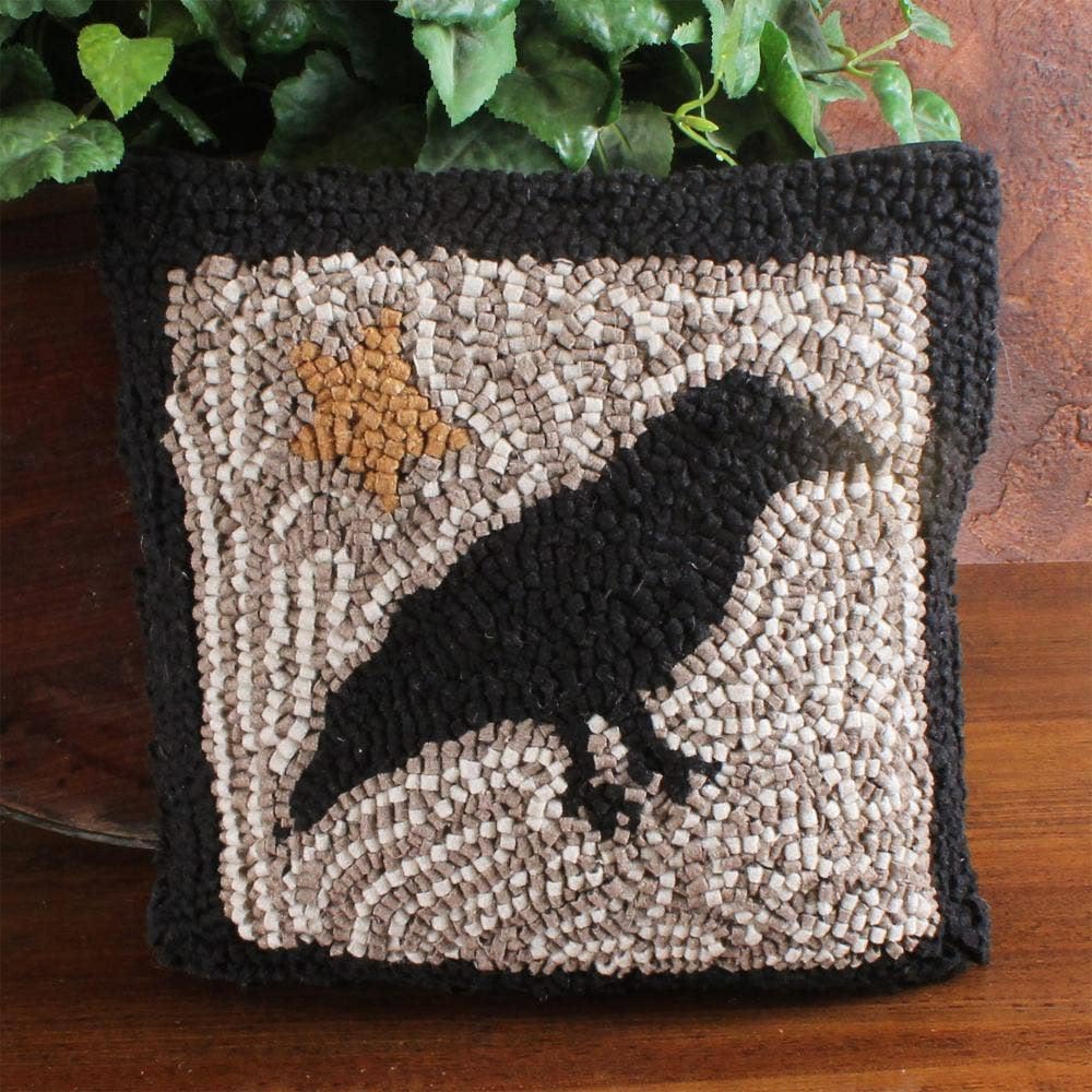 Primitive Crow and Star Wool Hooked Pillow 14"x14"