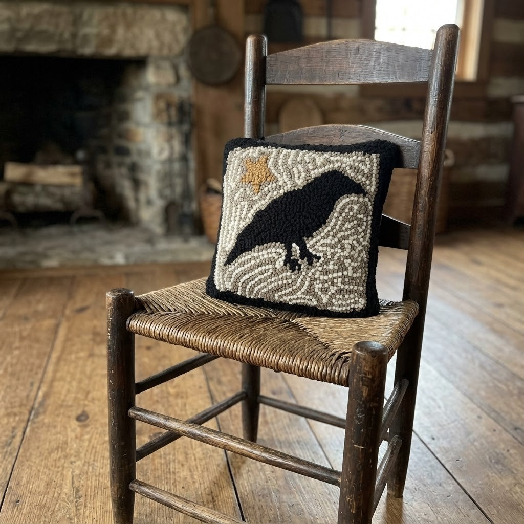 Primitive Crow and Star Wool Hooked Pillow 14"x14"