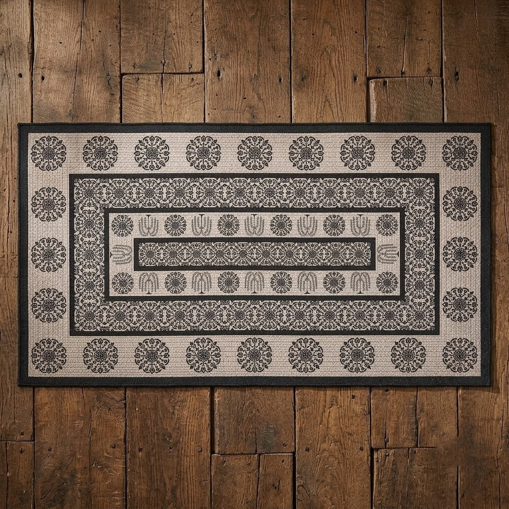 Primitive Colonial Custom House Jacquard Black/Tan Rug 27" x 48"