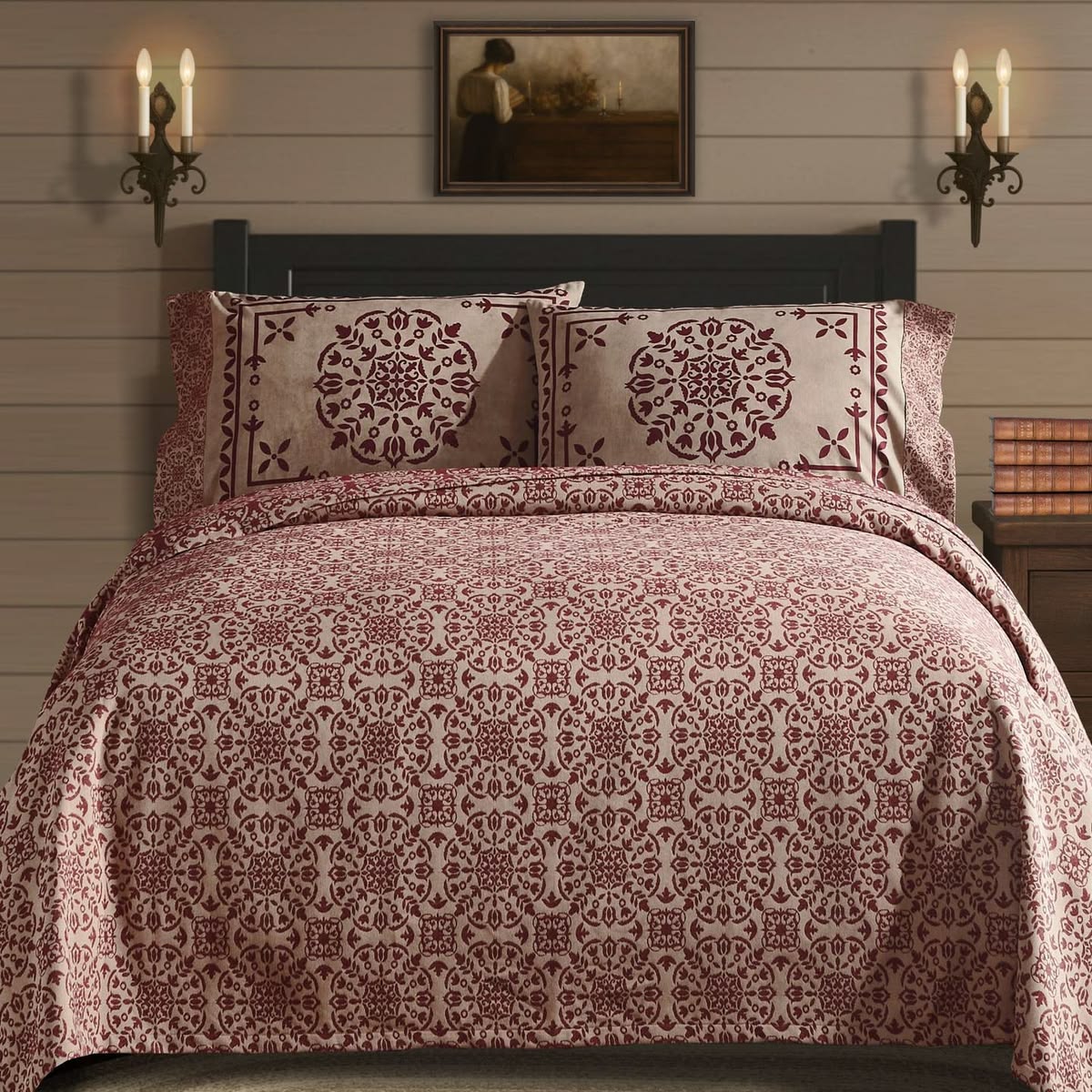 Primitive Colonial Custom House Jacquard King Coverlet Burgundy/Tan