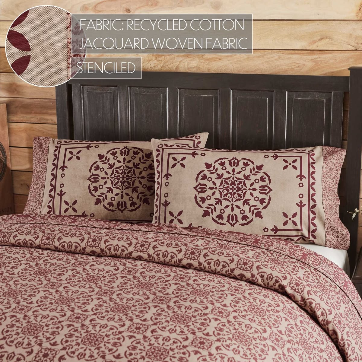 Primitive Colonial Custom House Jacquard Pillow Cases Burgundy/Tan 2Pcs