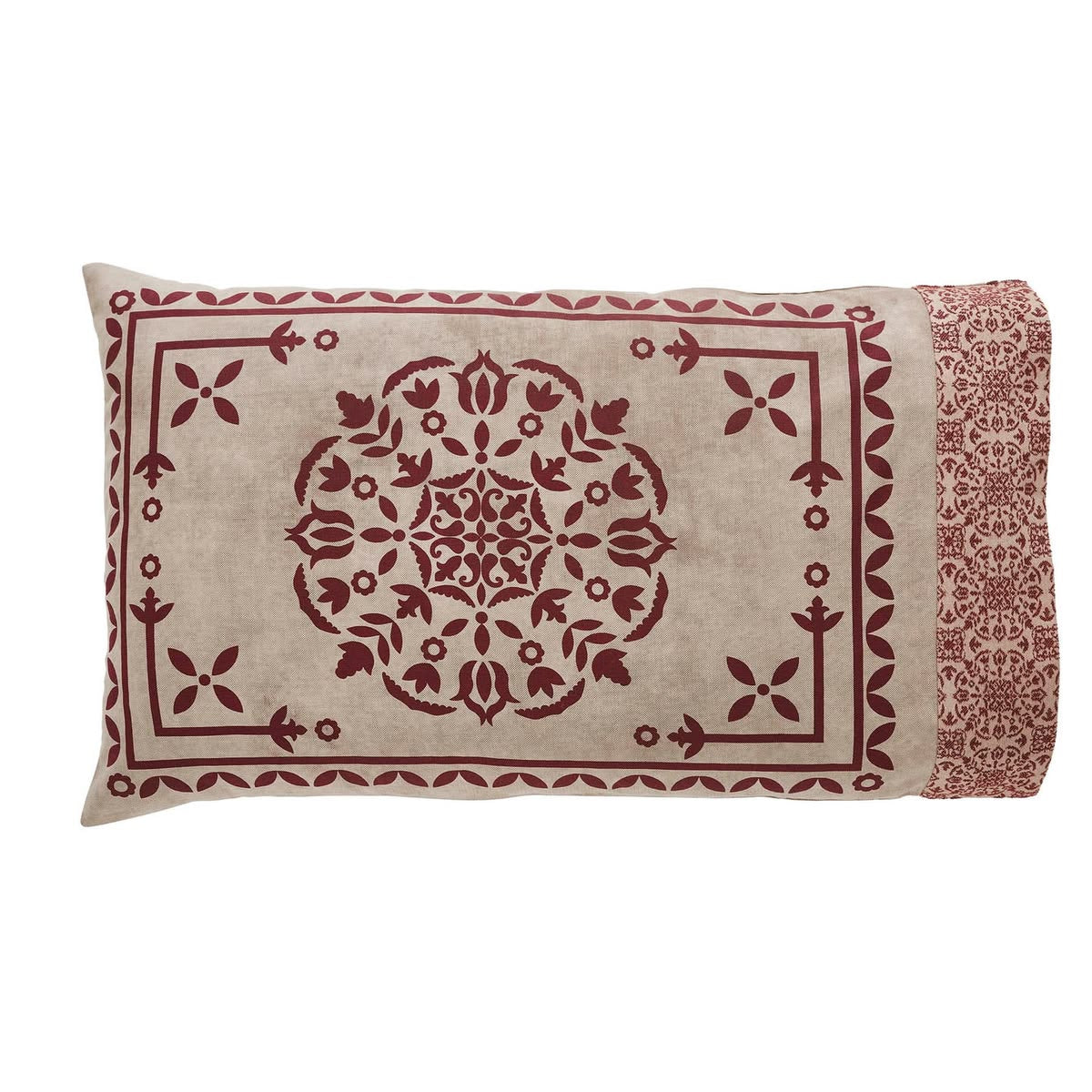 Primitive Colonial Custom House Jacquard Pillow Cases Burgundy/Tan 2Pcs