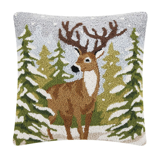 Snowfall Pine Trees and Deer Hooked Pillow 18"x 18"