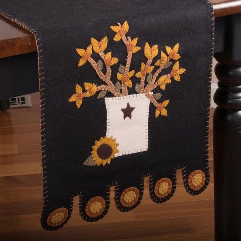 Bittersweet and Crock Appliqued Wool Felt Table Runner Black 14"x36"