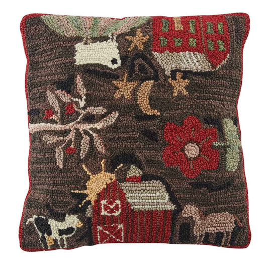 Primitive Farm Life Hooked Pillow Cover 18" x 18"