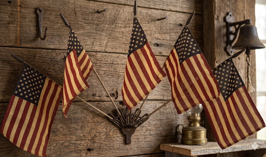 Americana Primitive Flag Wall Mount with 5 Tea Stained Flags