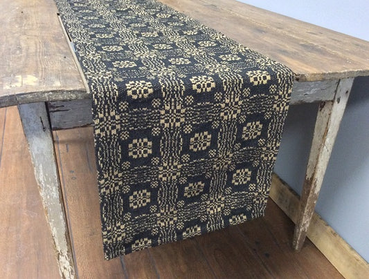 Primitive Gettysburg Coverlet Short Table Runner 14" x 32" Black/Tan