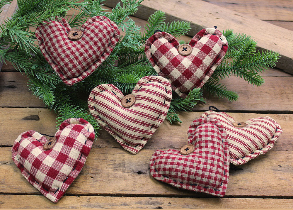 Primitive Heart Ornaments or Bowl Fillers Set of 6