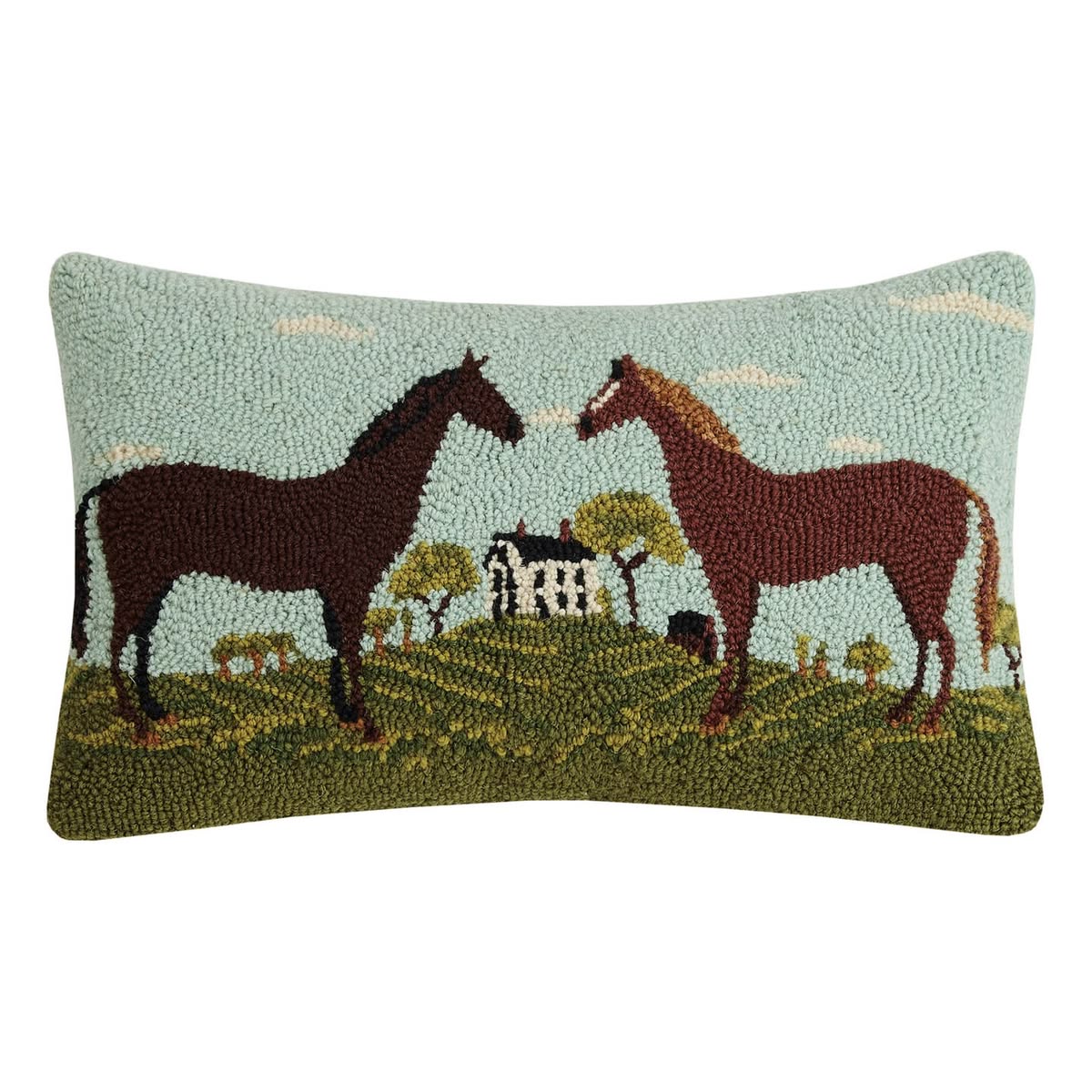 Primitive Folk Art Black and Brown Horses Wool Hooked Pillow 20"x12"
