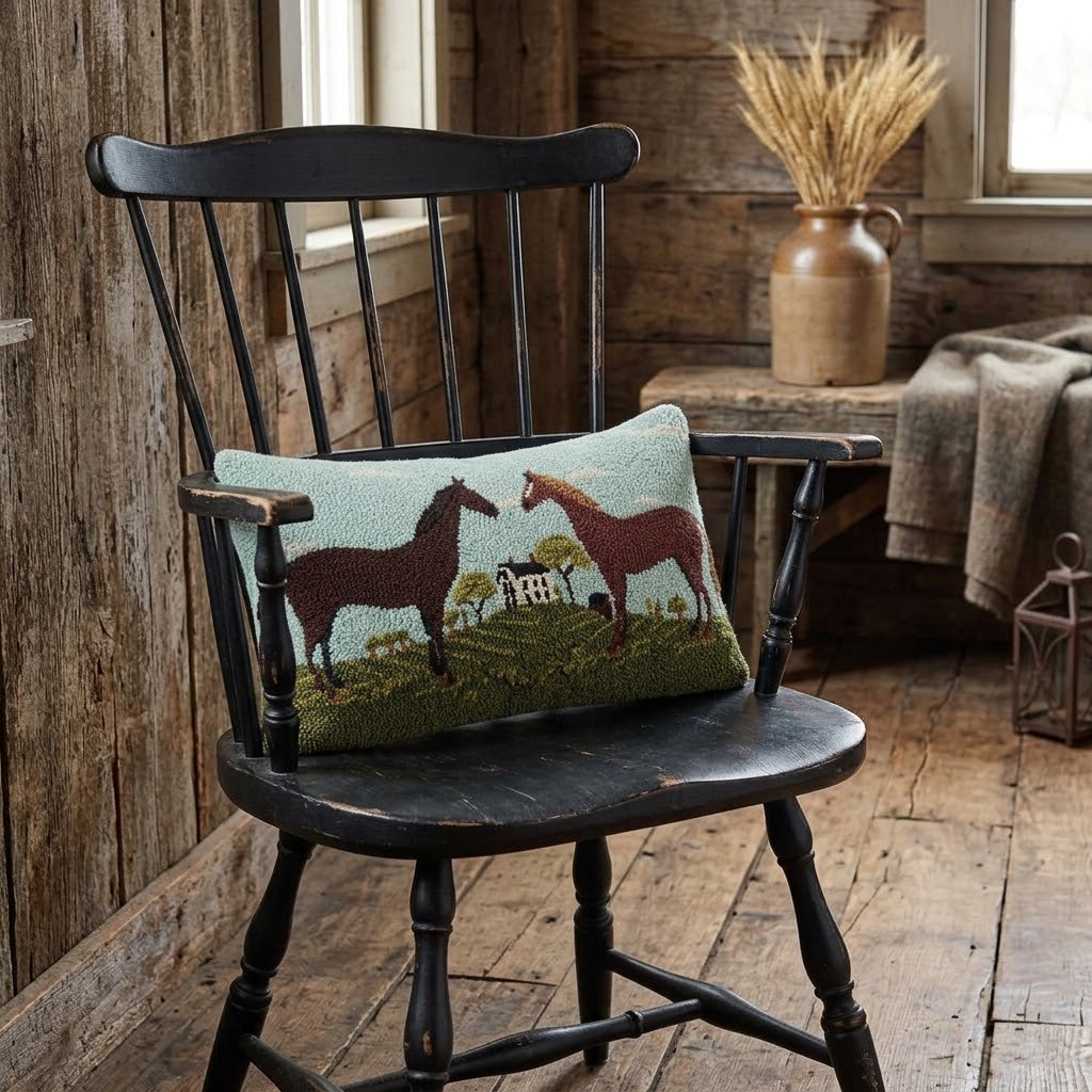 Primitive Folk Art Black and Brown Horses Wool Hooked Pillow 20"x12"