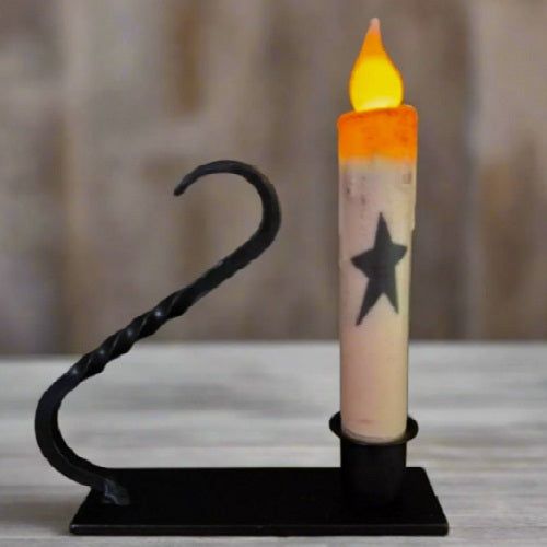 Primitive Hand Crafted Iron Taper Candle Holder with Curved Handle, Black