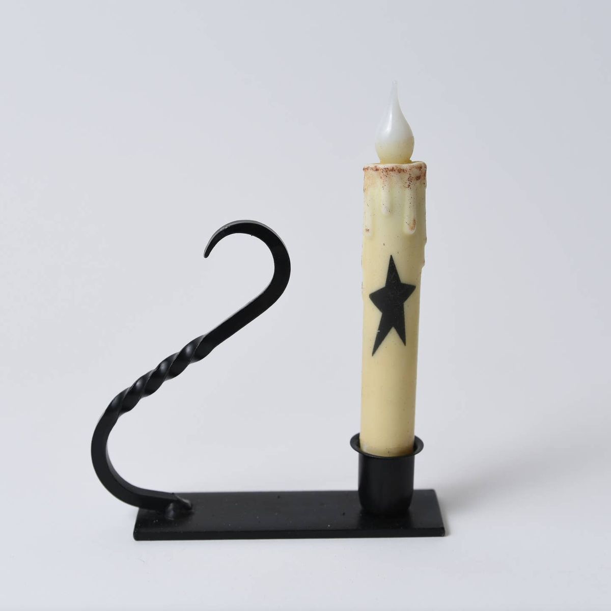 Primitive Hand Crafted Iron Taper Candle Holder with Curved Handle, Black