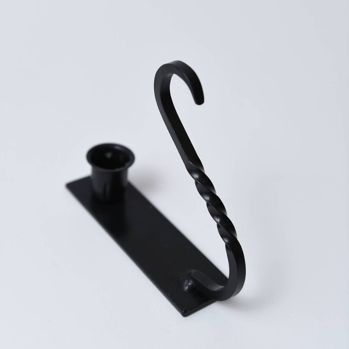 Primitive Hand Crafted Iron Taper Candle Holder with Curved Handle, Black