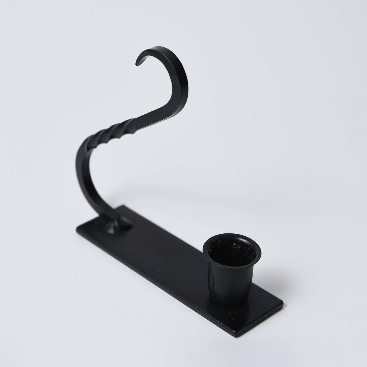 Primitive Hand Crafted Iron Taper Candle Holder with Curved Handle, Black