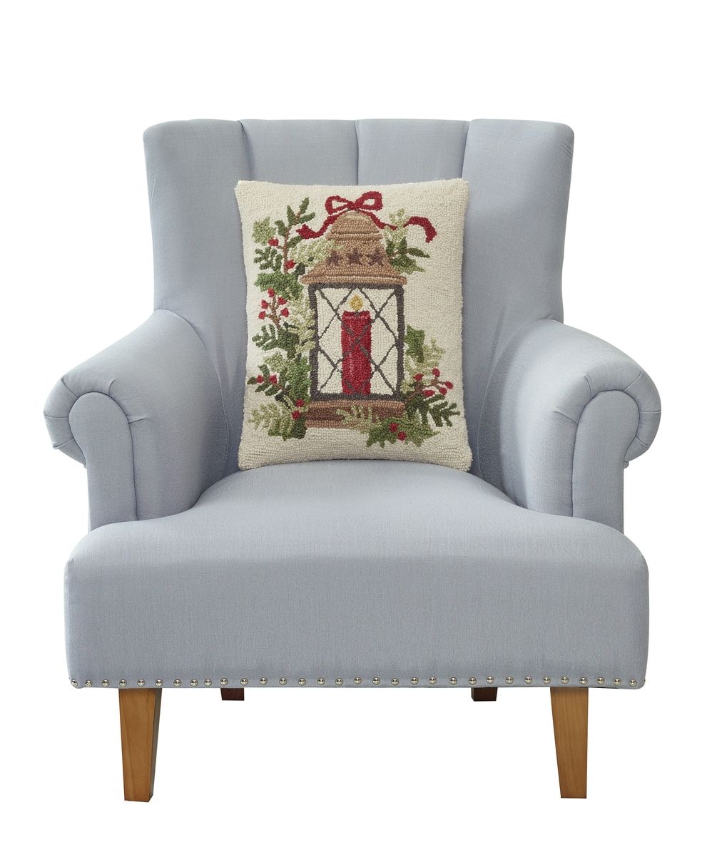 Primitive Holiday Lantern Hooked Pillow 18" x 14"