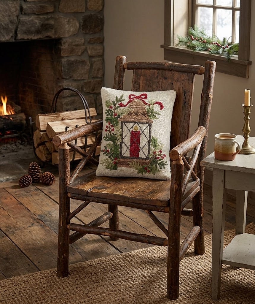 Primitive Holiday Lantern Hooked Pillow 18" x 14"
