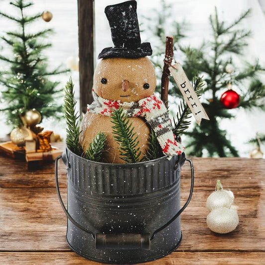 Primitive Christmas Let it Snow Snowman Doll in a Bucket