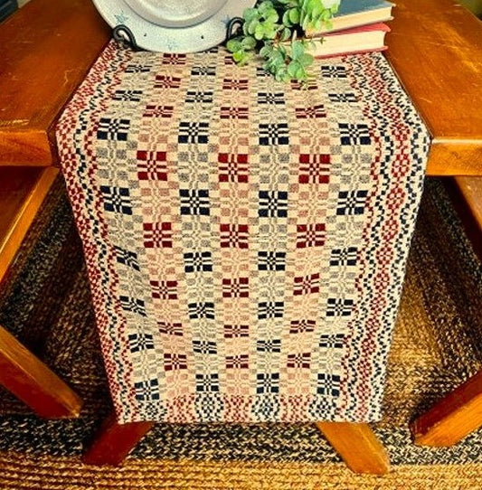 Primitive Parlor Weave Short Table Runner Red/Navy/Linen 14"x 32"