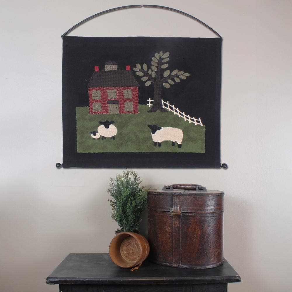 Primitive Colonial Sheep and Saltbox House Pennant 19.5"x16"