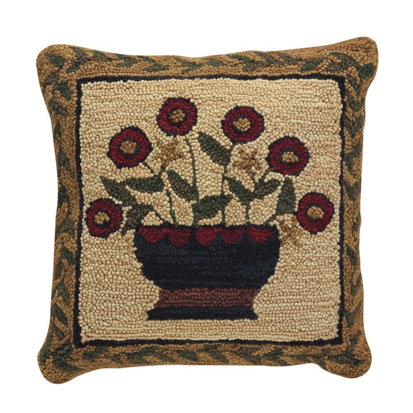 Primitive Folk Art Flower Basket Hooked Pillow Cover. 18"x18"