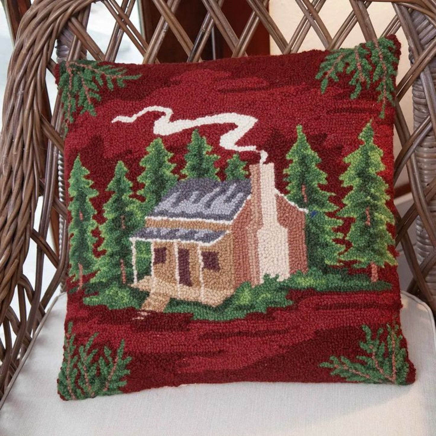 Primitive Rustic Cabin Wool Hooked Pillow 18"x18"