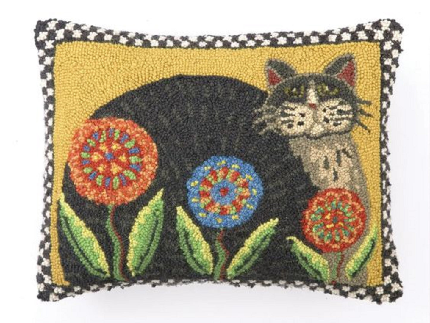 Folk Art Primitive Penny Flower and Cat Hooked Pillow 14"x18"