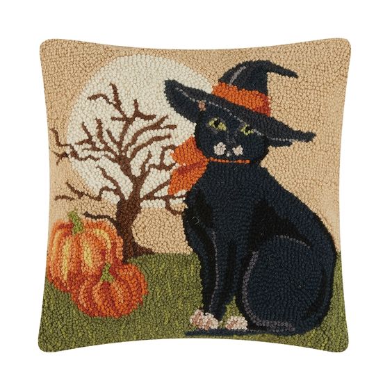 Black Cat with Witches Hat Wool Hooked Pillow 16"x16"