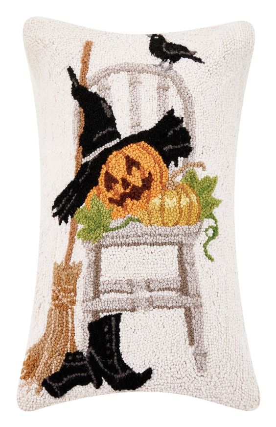 Pumpkin Witch and Chair Hooked Pillow 14"x22"