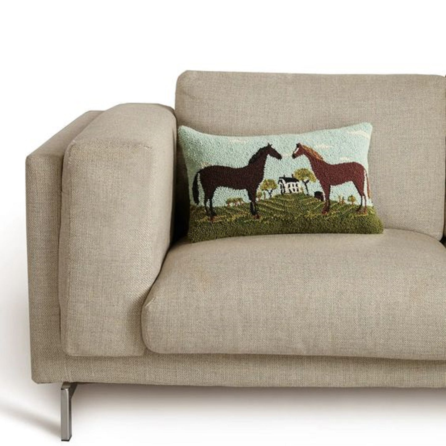 Primitive Folk Art Black and Brown Horses Wool Hooked Pillow 20"x12"
