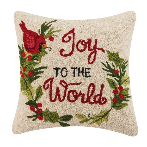 Joy To the World Wool Hooked Pillow 18"x18"