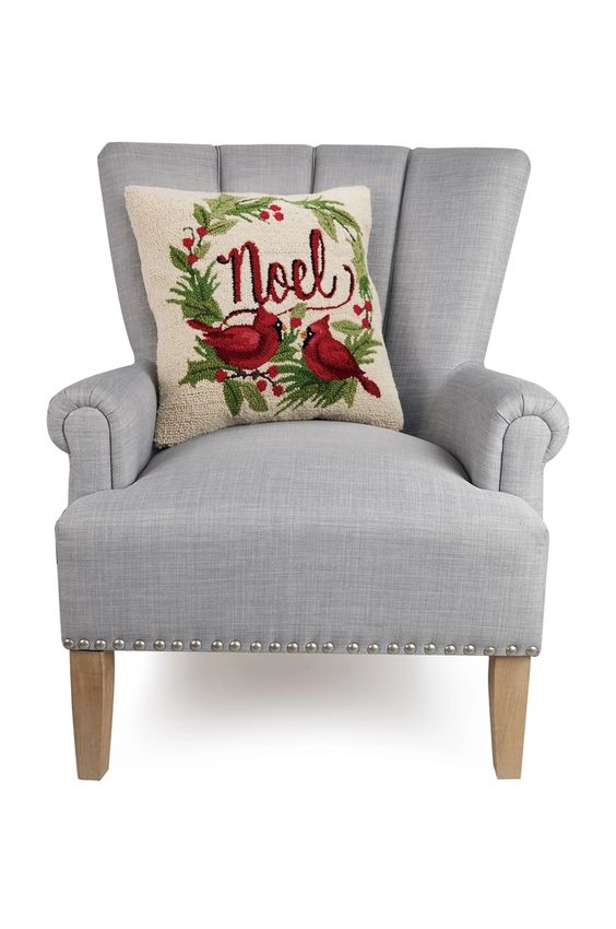 Noel Wreath and Cardinal Wool Hooked Pillow 18"x18"