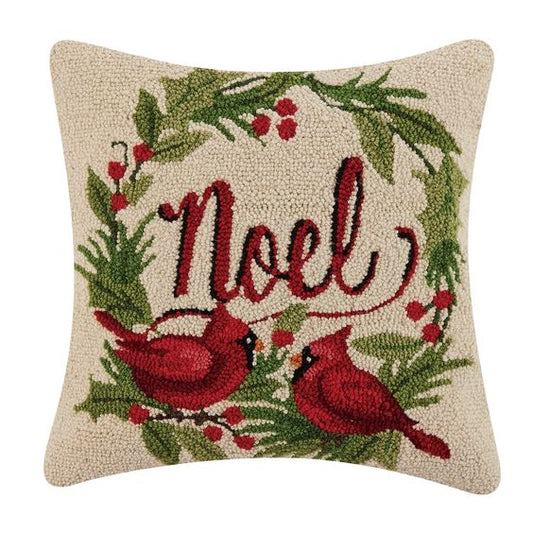 Noel Wreath and Cardinal Wool Hooked Pillow 18"x18"