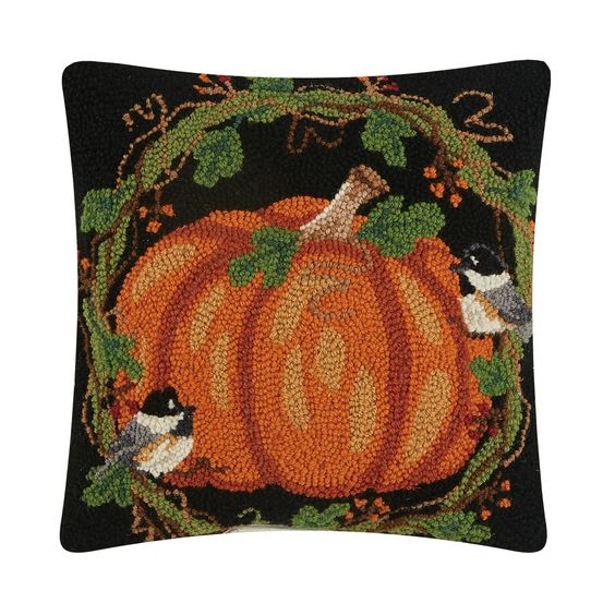 Chickadees in Wreath Wool Hook Pillow 16"x16"