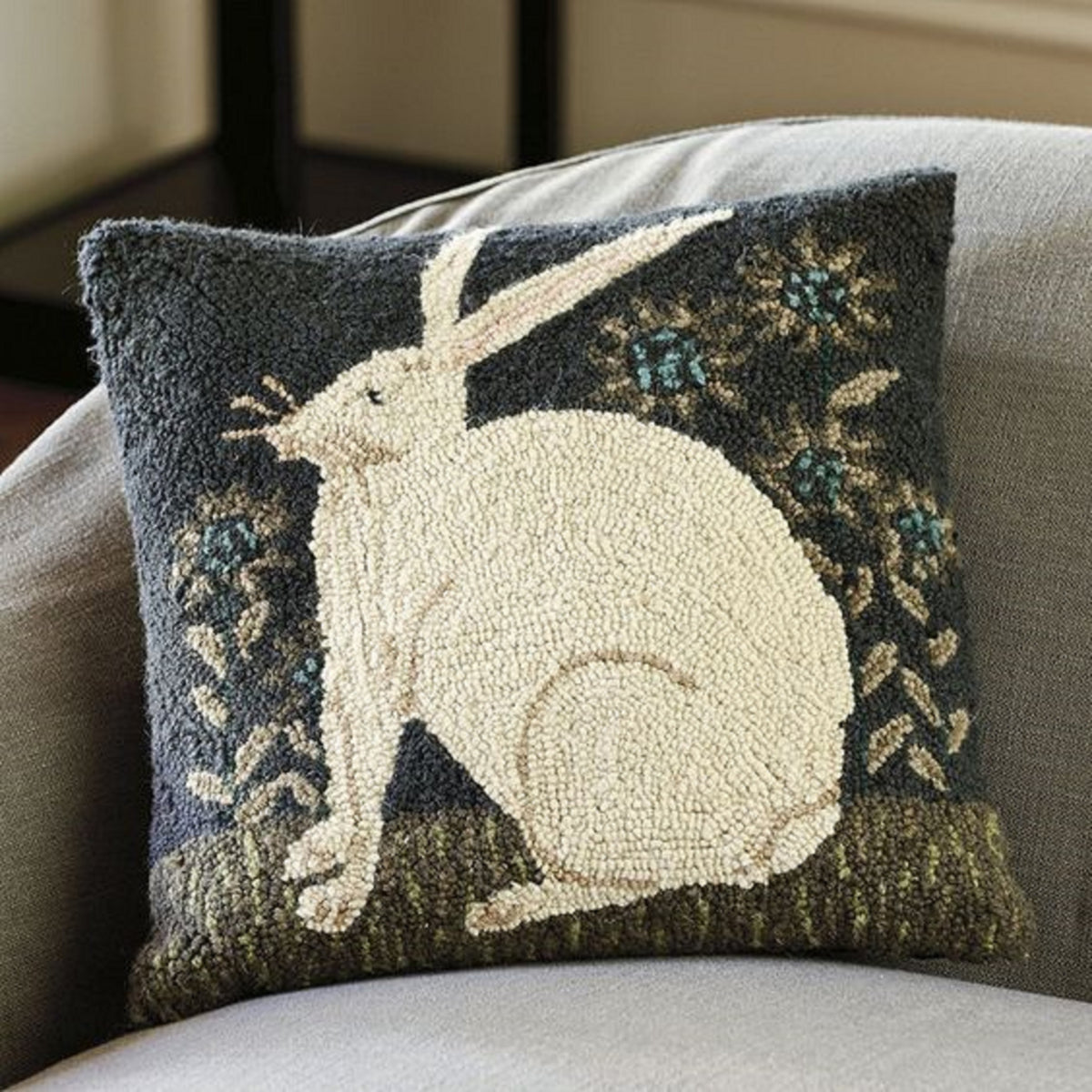 Gunned Rabbit Pillow Folk Art Rabbit Hooked Wool Pillow 16
