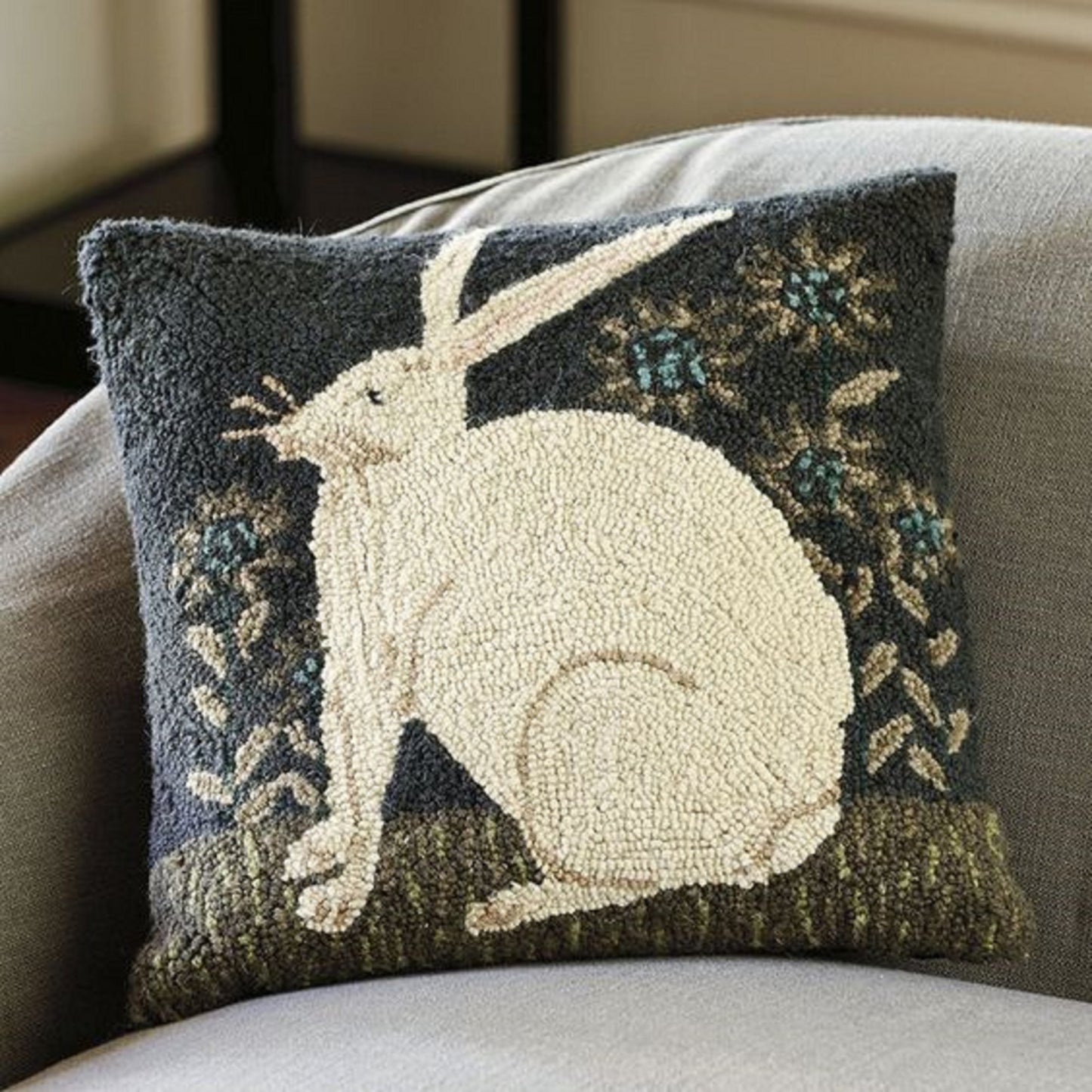 Folk Art Rabbit Hooked Wool Pillow 16"x16"