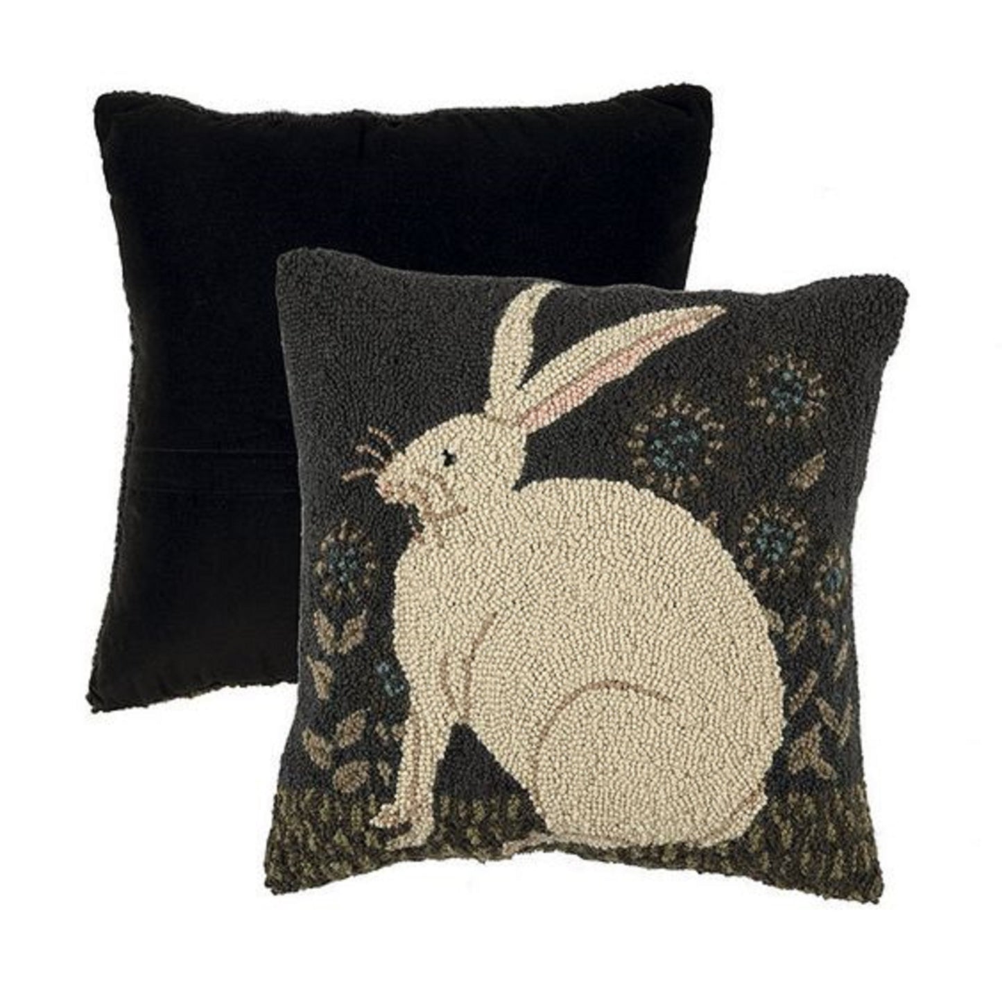 Folk Art Rabbit Hooked Wool Pillow 16"x16"