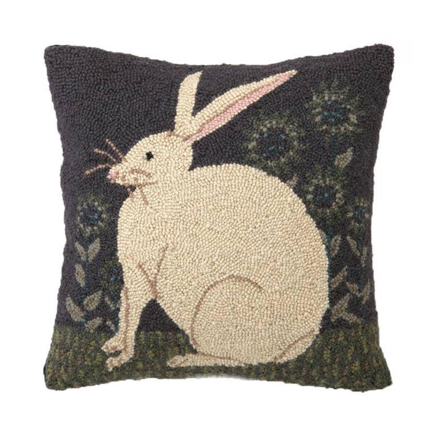 Folk Art Rabbit Hooked Wool Pillow 16"x16"